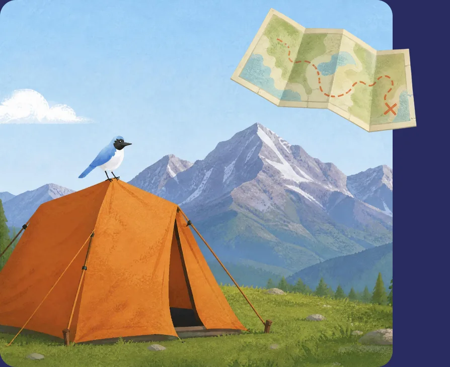 An orange tent at a mountain campsite with a trail map