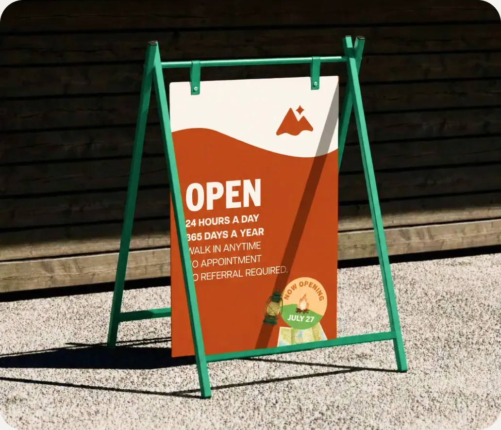 Now-open sandwich board sign outside the Summit County Walk-In Crisis Center