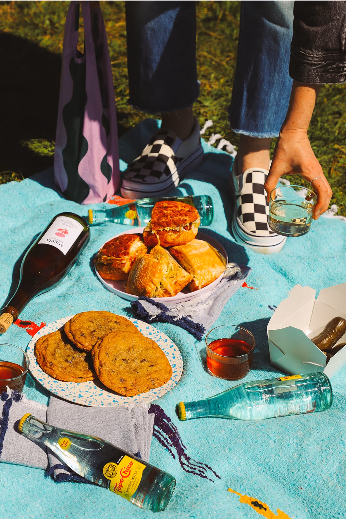 A picnic scene on a colorful blanket with cookies, sandwiches, drinks, wine, sparkling water, and a person wearing checkered shoes reaching for a glass; grass and sunlight in the background.