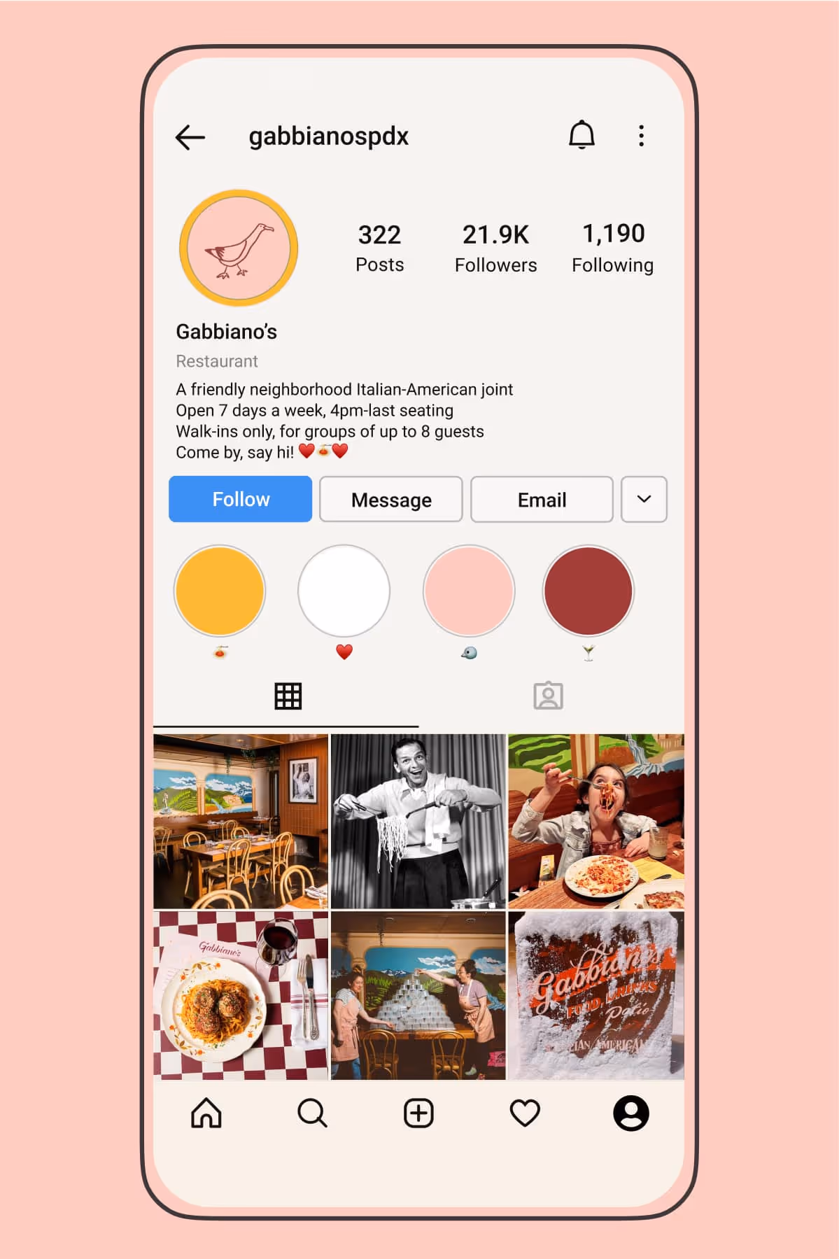 Instagram profile of Gabbiano’s, a restaurant, with a bird logo, 21.9K followers, and five highlight circles in red, beige, and pink. The feed shows cozy dining scenes, food, and people enjoying meals.