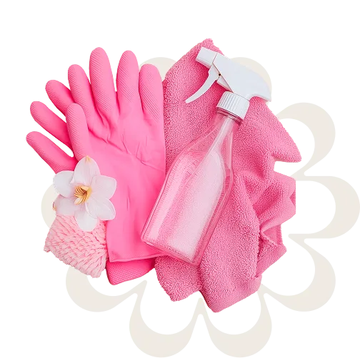 A pink glove and a bottle of cleaner on a white background.