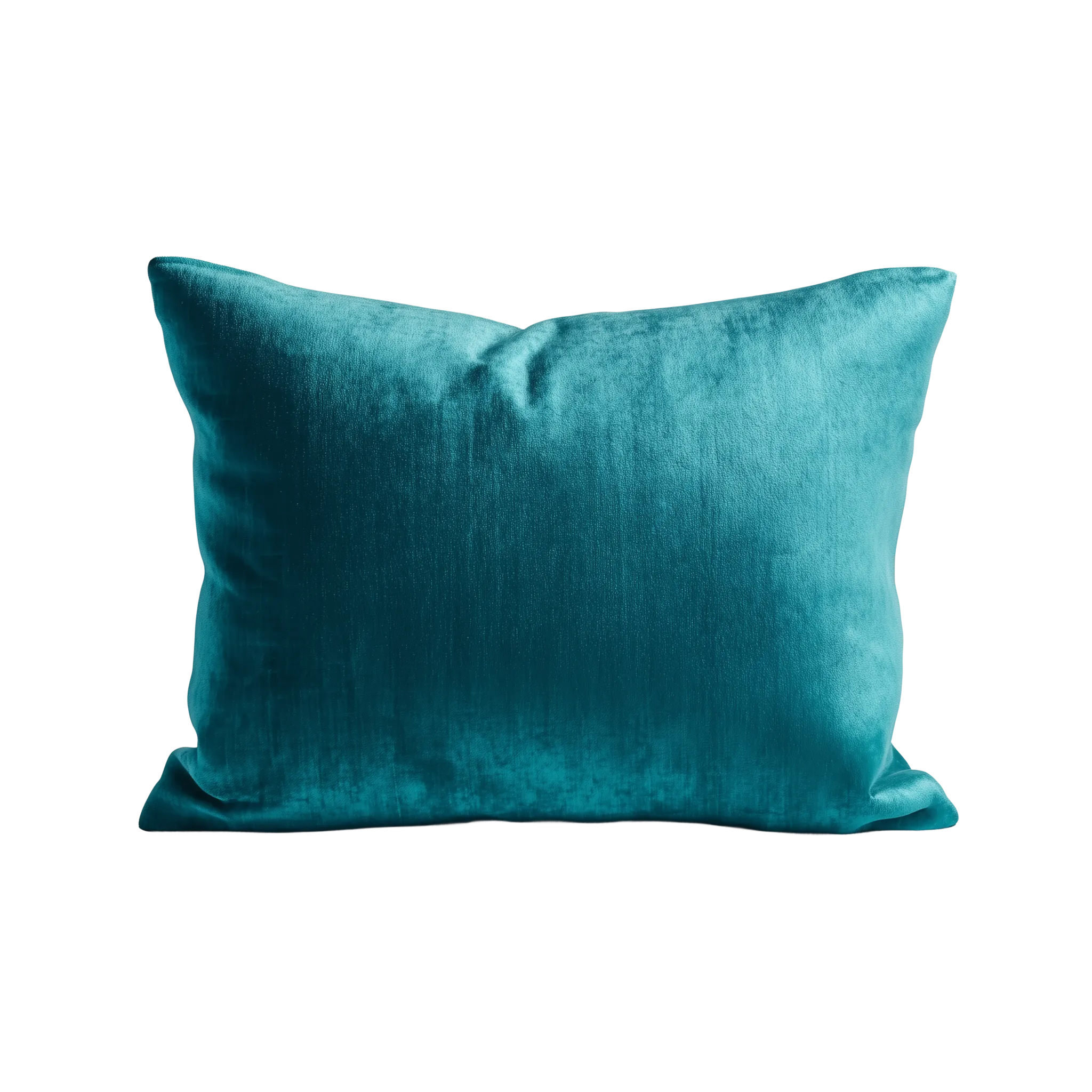 A teal blue velvet pillow on a black background.
