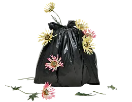 A black trash bag with flowers on it.