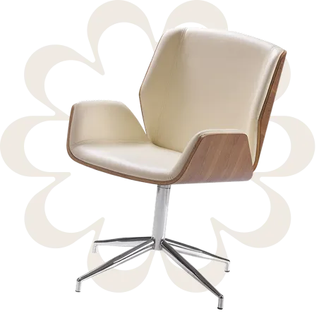 A white office chair with a wooden base.