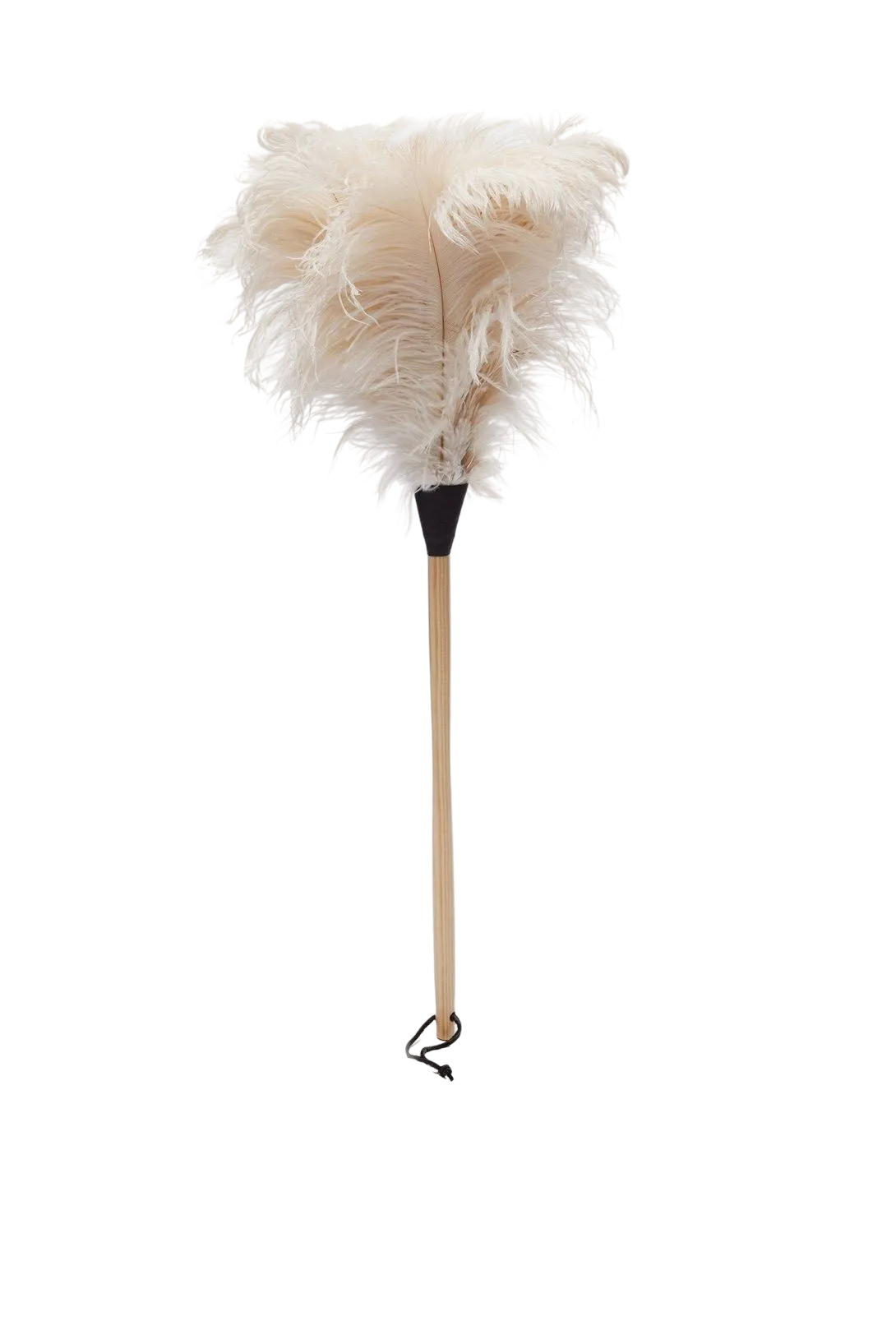 A white feather duster on a wooden stick.