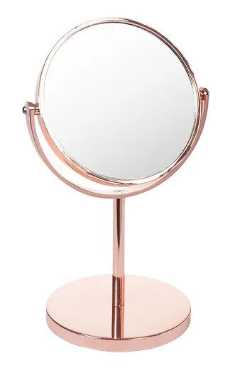 A pink makeup mirror on a stand.