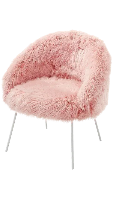 A pink furry chair with a metal frame.