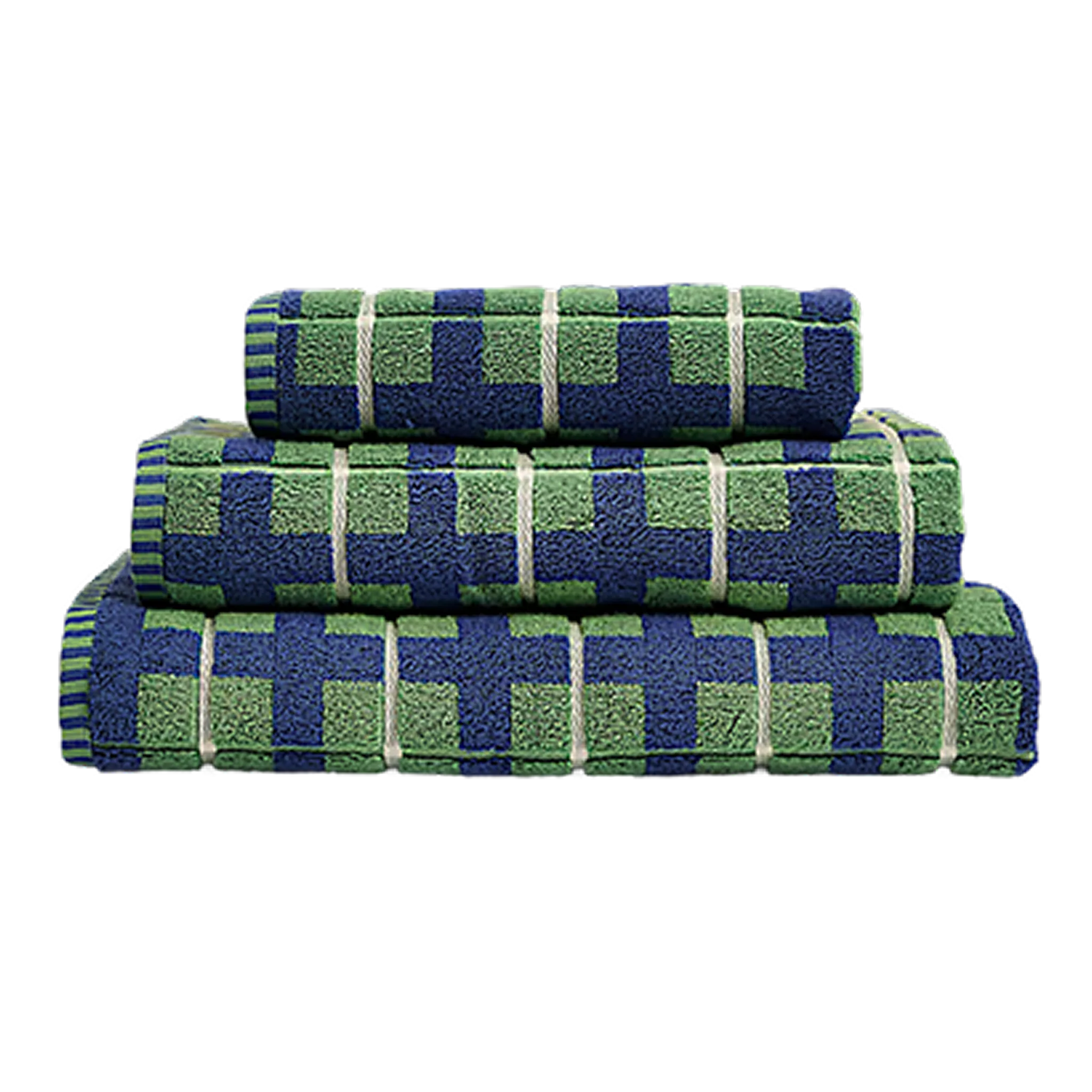 Three blue and green towels stacked on top of each other.