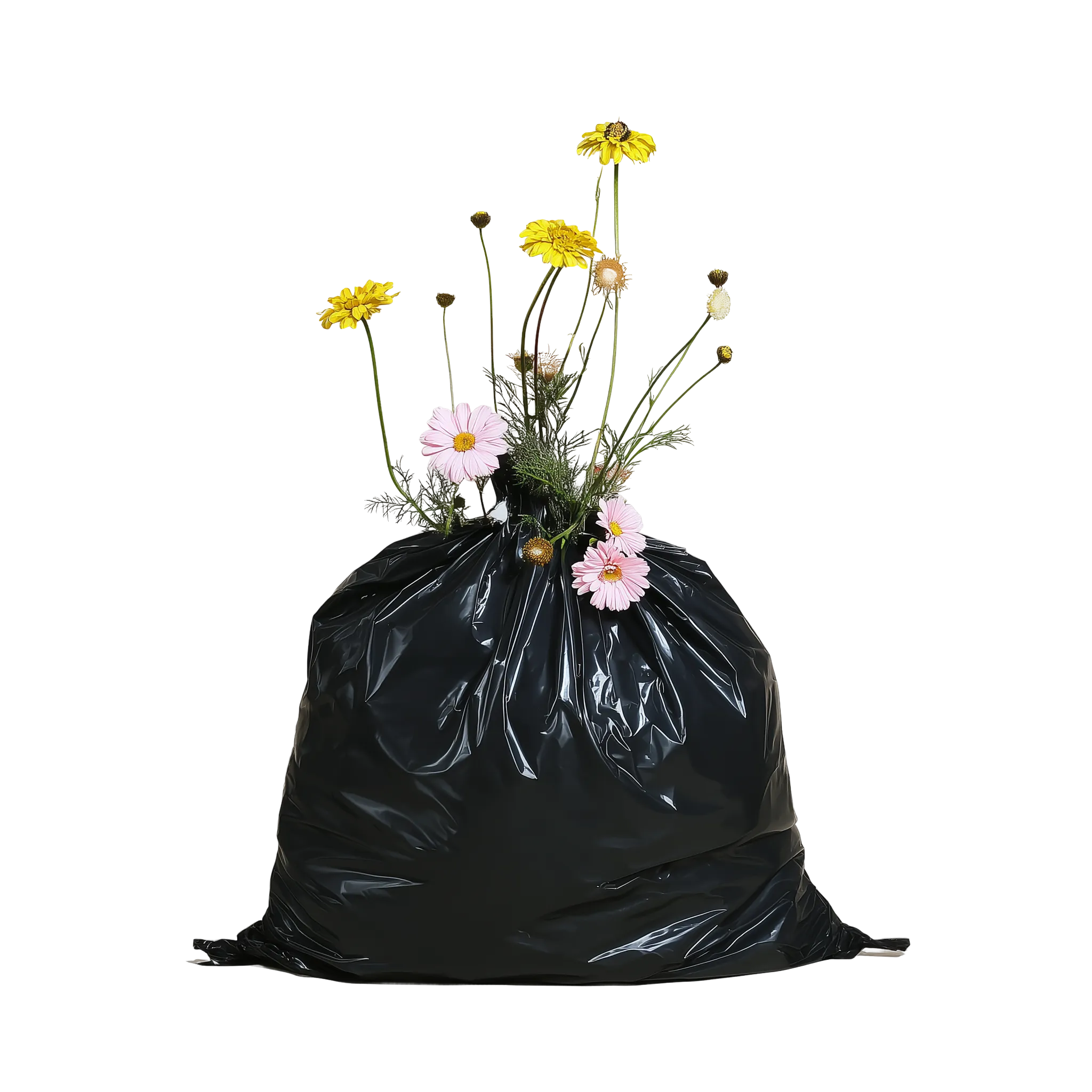 A black trash bag with flowers in it.