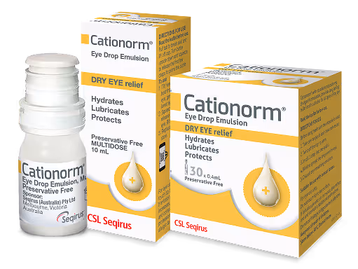 A picture of the Cationorm packs and bottle.