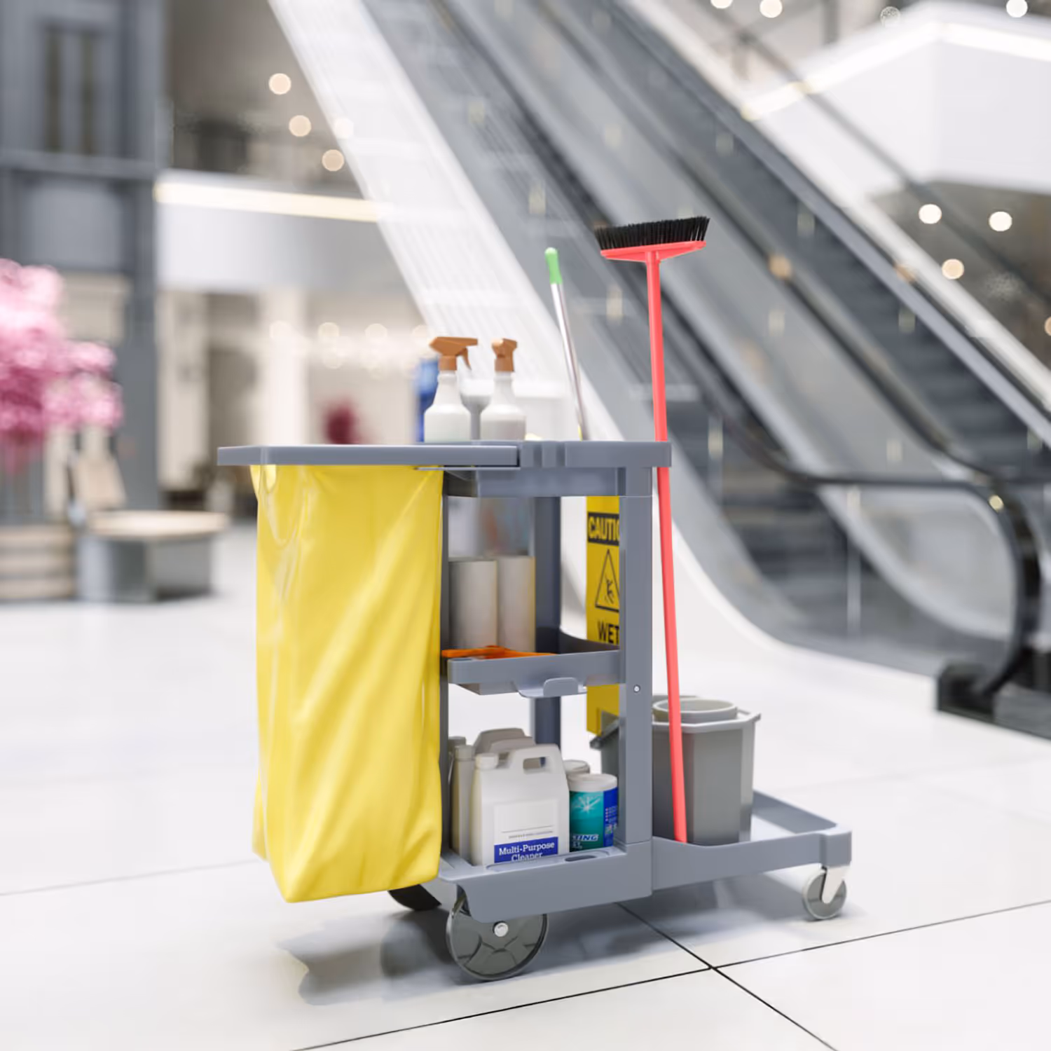 A cleaning cart with cleaning supplies on it.