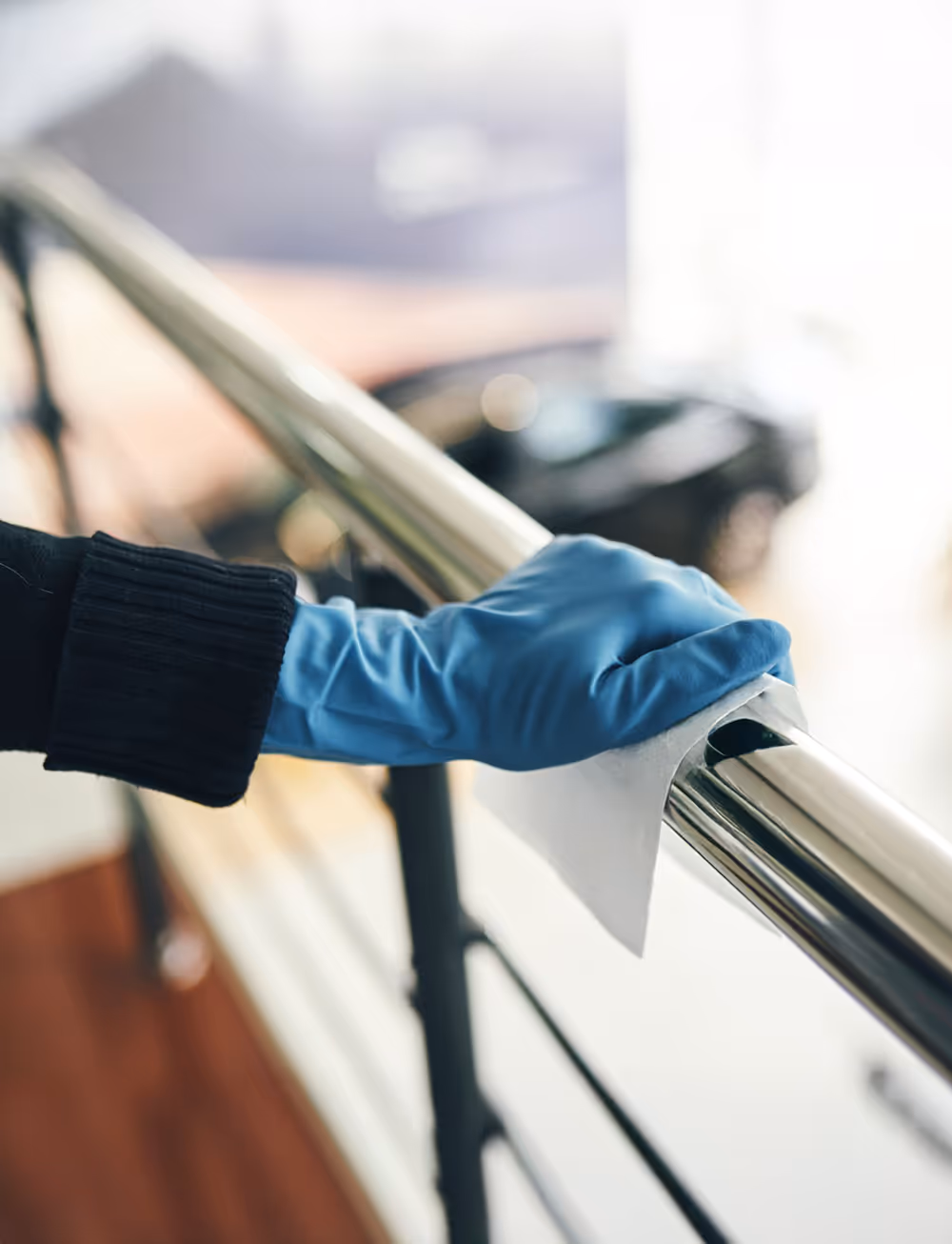 Hand wearing a blue glove cleaning a shiny metal railing with a white cloth.