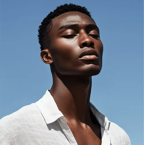 Portrait of a young man with closed eyes wearing a white shirt against a clear blue sky.