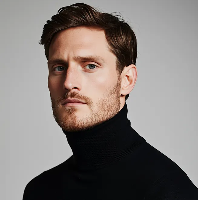 Portrait of a serious young man with light brown hair and beard wearing a black turtleneck sweater against a plain gray background.