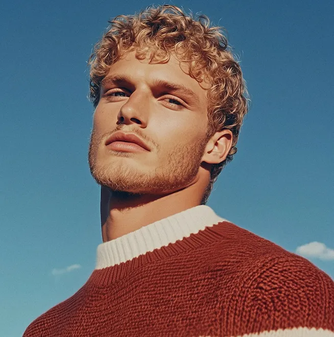 Close-up of a young man with curly blond hair and beard wearing a red and white knitted sweater against a clear blue sky.