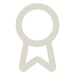 Minimalistic ribbon award icon with a circular top and a pointed ribbon tail on a black background.