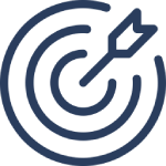 Dark blue target with a dart hitting the bullseye.