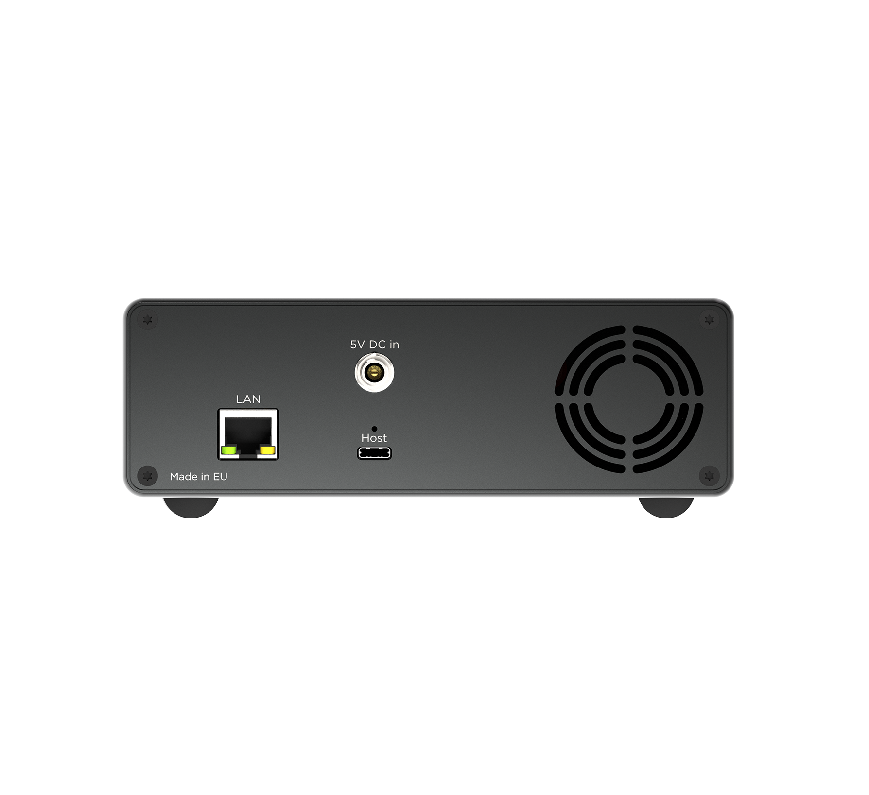 Back panel of a black electronic device showing LAN port, 5V DC input, Host USB-C port, cooling fan vent, and Made in EU label.