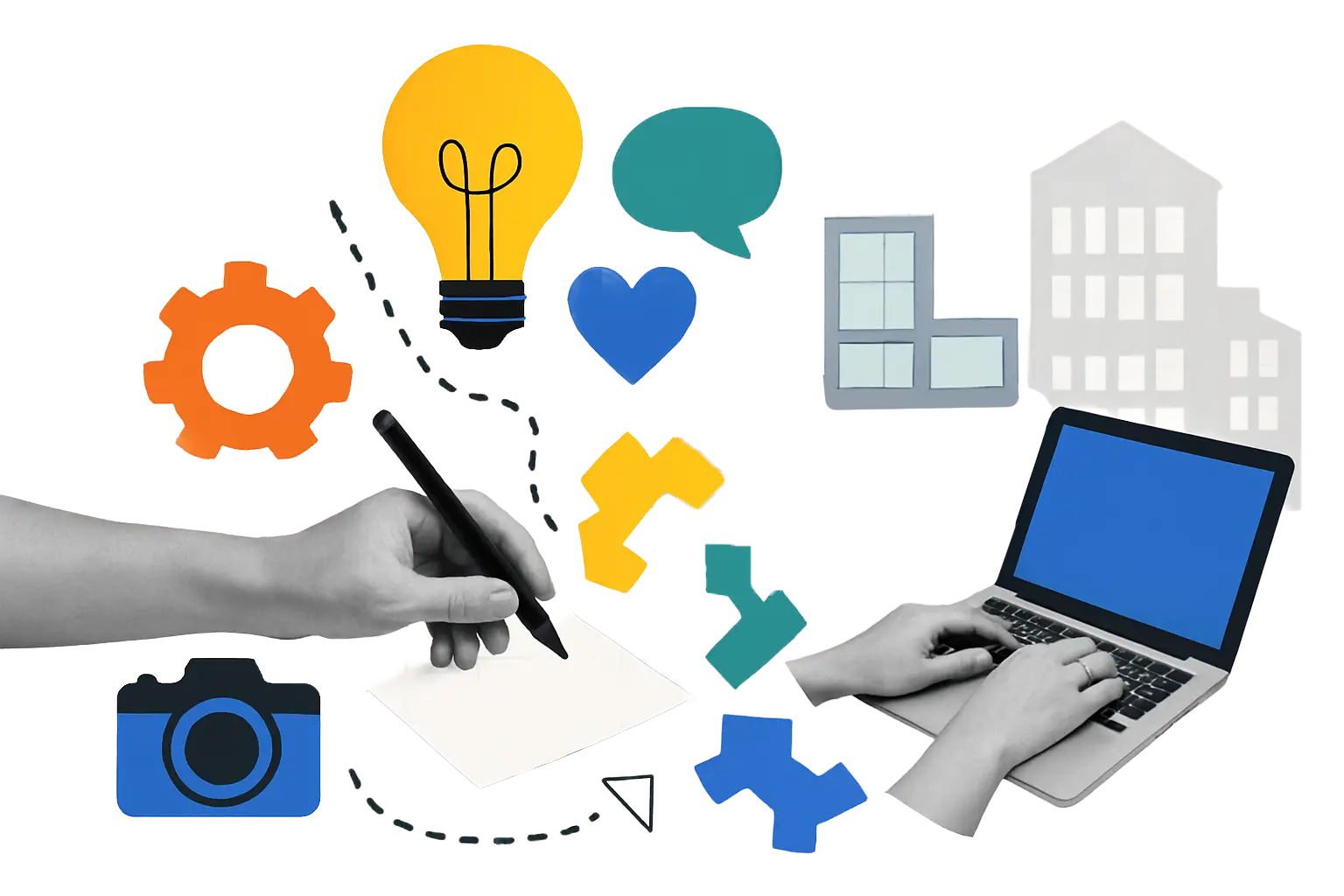 Kreatives Arbeiten im digitalen Marketing: Illustration mit Laptop, Tablet, Symbolen für Ideen, Design, Kommunikation und Content-Erstellung.