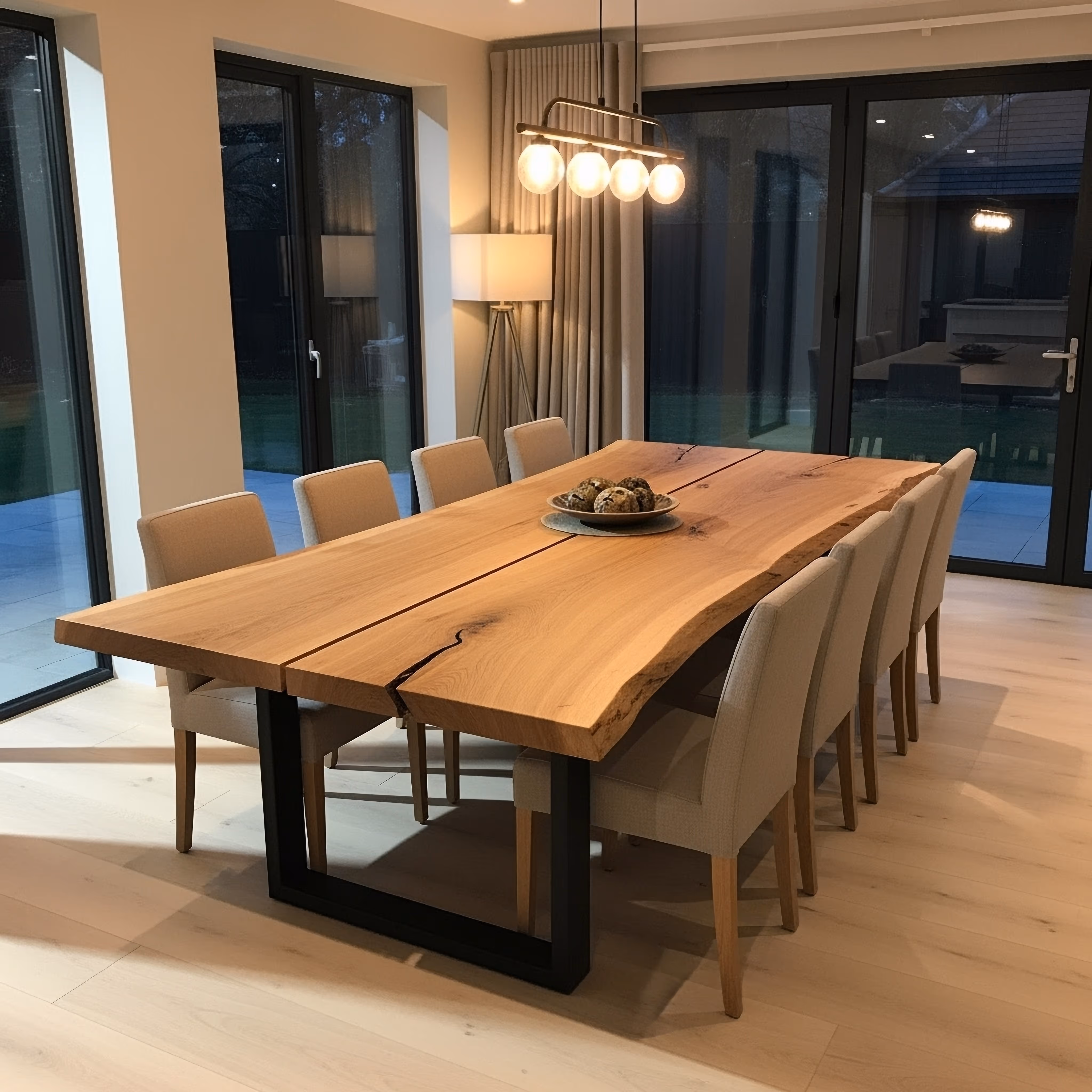Moderner Esstisch aus Holz mit natürlicher Kante und schwarzen Metallbeinen, umgeben von acht hellen Polsterstühlen in einem Raum mit großen Fenstern.