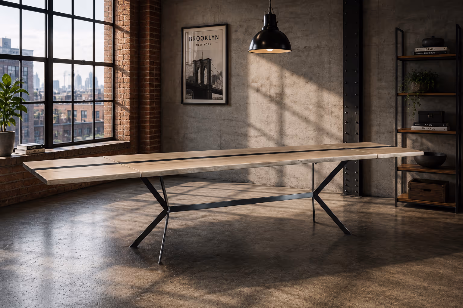 Moderner Esstisch aus Eiche mit Epoxidharzmit, hellem Holz und schwarzen Metallbeinen in einem loftartigen Raum mit Brooklyn-Bild.