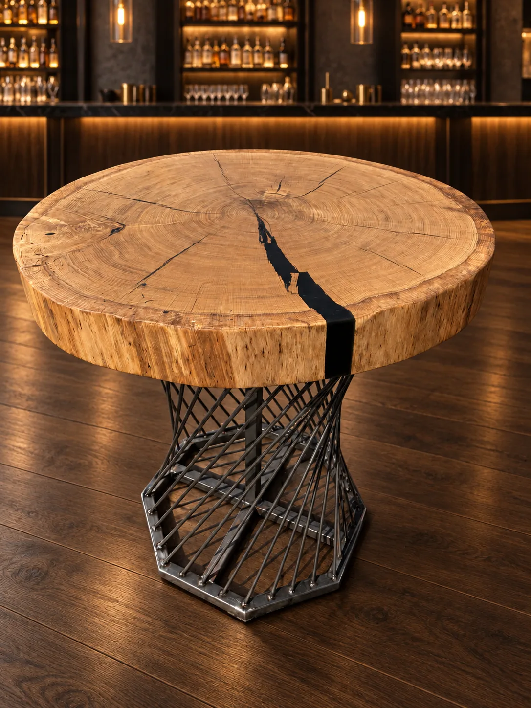 Moderner Stehtisch mit einer runden Eichenholz-Baumscheibe als Tischplatte und einem pulverbeschichteten Stahlgestell mit spiralförmig angeordneten Stäben, stehend auf dunklem Holzboden vor einer Bar mit warmem Licht.