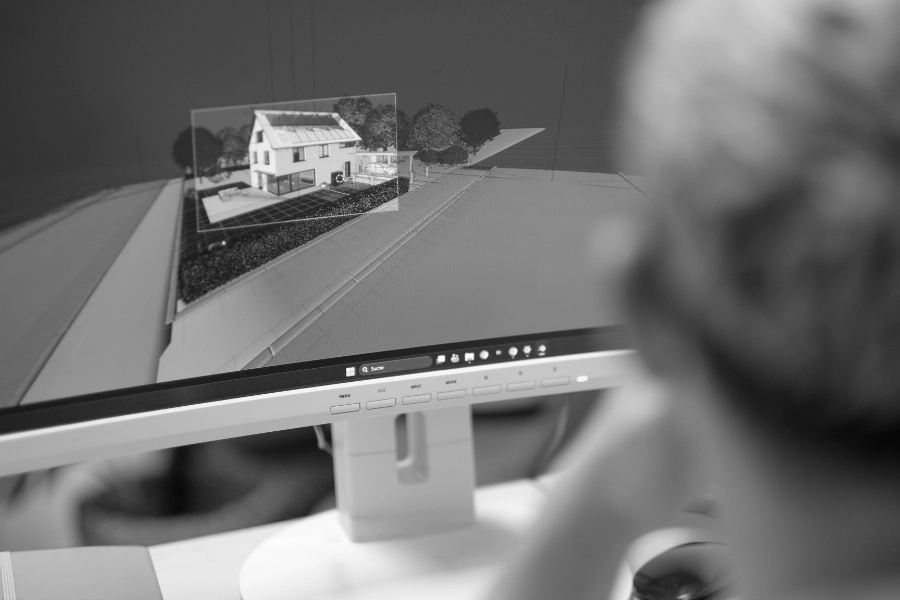 Person betrachtet auf einem Bildschirm eine 3D-Rendering-Ansicht eines Hauses mit Garten.