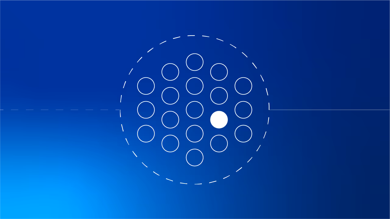 Mehrere weiße Kreise in einem größeren gestrichelten Kreis auf blauem Hintergrund mit einem ausgefüllten weißen Kreis in der Mitte.