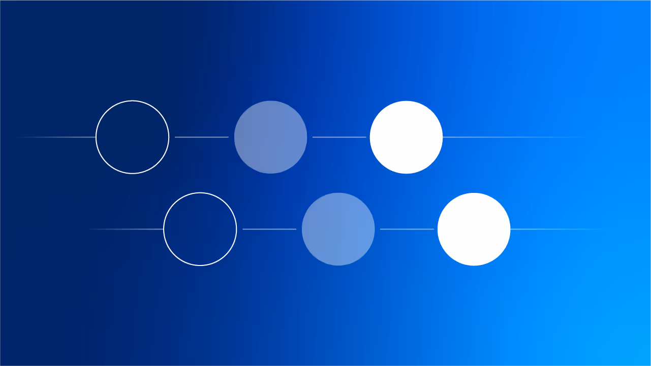 Zwei horizontale Reihen von Kreisen, die sich farblich von weiß zu blau und dann transparent ändern auf blauem Farbverlaufshintergrund.