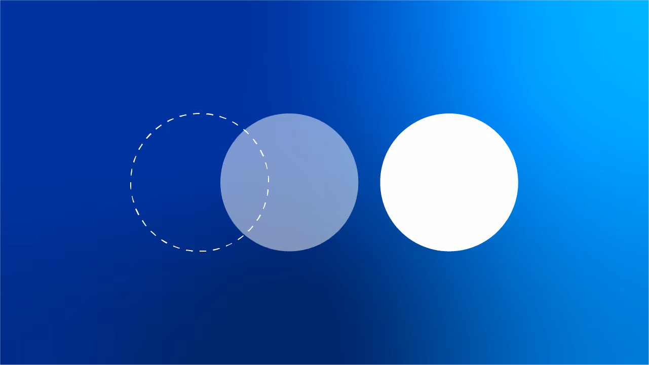 Drei überlappende Kreise vor blauem Hintergrund, von links nach rechts: weiß gestrichelter Kreis, halbtransparenter grauer Kreis, und undurchsichtiger weißer Kreis.