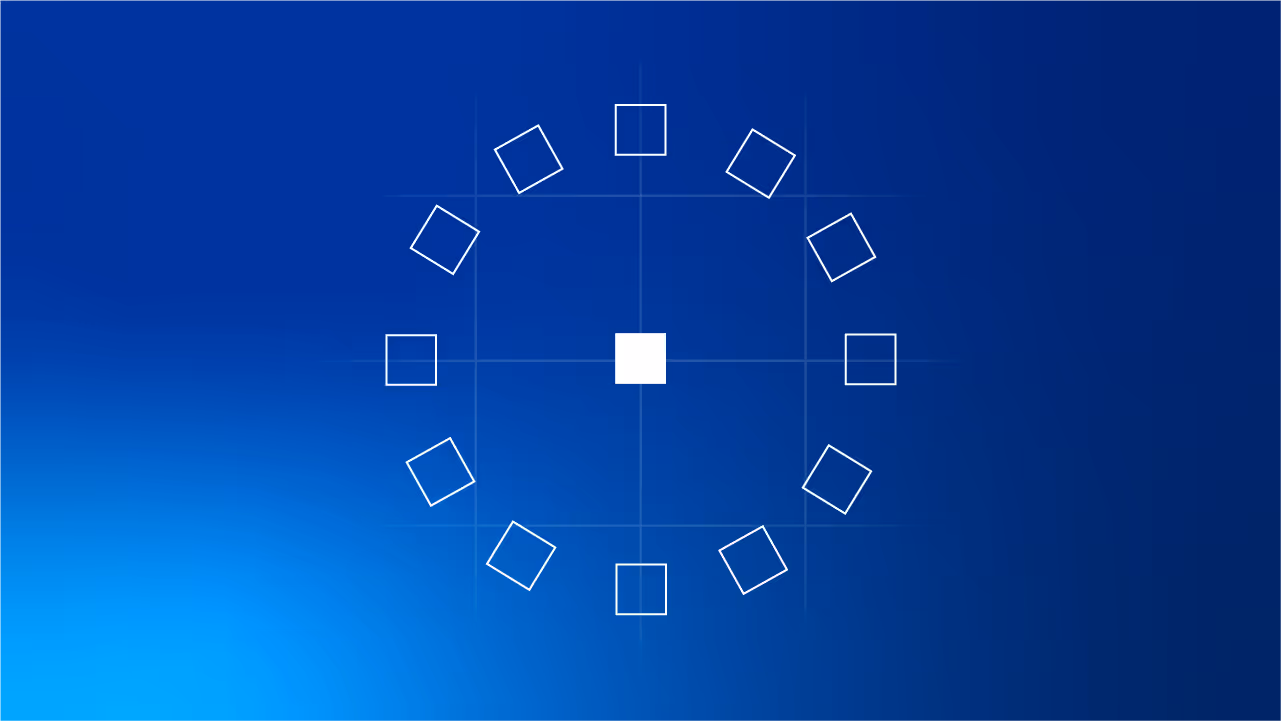 Ein weißes Quadrat in der Mitte, umgeben von zehn kleineren weißen Quadraten, die kreisförmig auf einem blauen Hintergrund angeordnet sind.
