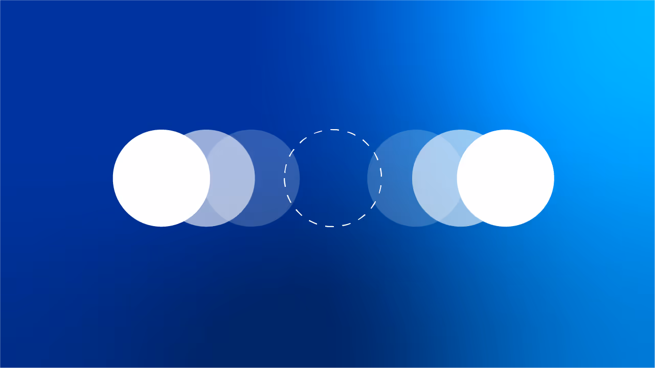 Zwei große weiße Kreise mit mehreren halbtransparenten Kopien auf blauem Hintergrund, verbunden durch einen gestrichelten Kreis in der Mitte.
