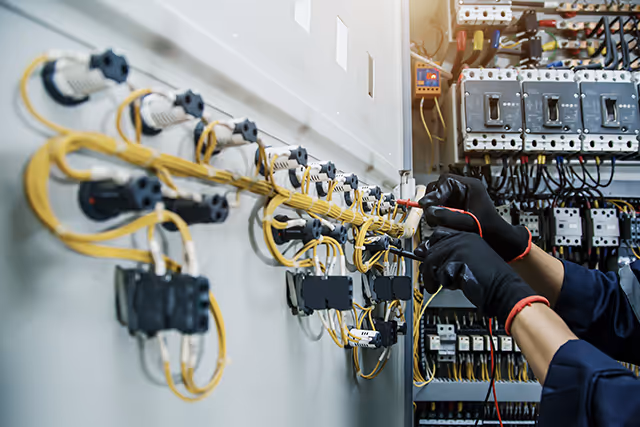 Elektrofachkraft bei der Verdrahtung eines Schaltschranks mit Sensor-Aktor-Leitungen und Rundsteckverbindern