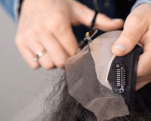 Une personne tient une pièce de dentelle avec des cheveux attachés et coupe la dentelle avec des ciseaux.