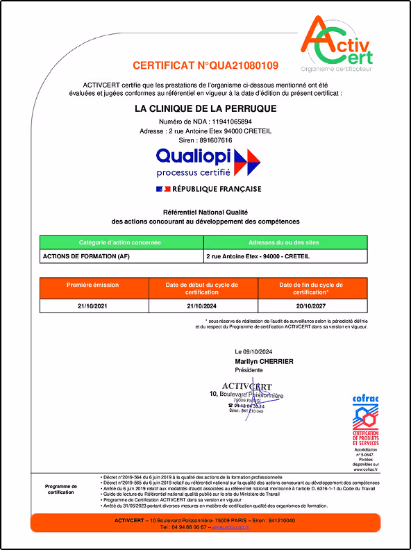 Certificat Qualiopi, numéro QUA21080109, délivré à La Clinique de la Perruque à Créteil, attestant la conformité aux référentiels qualité pour les actions de formation, avec dates de certification du 21/10/2021 au 20/10/2027.