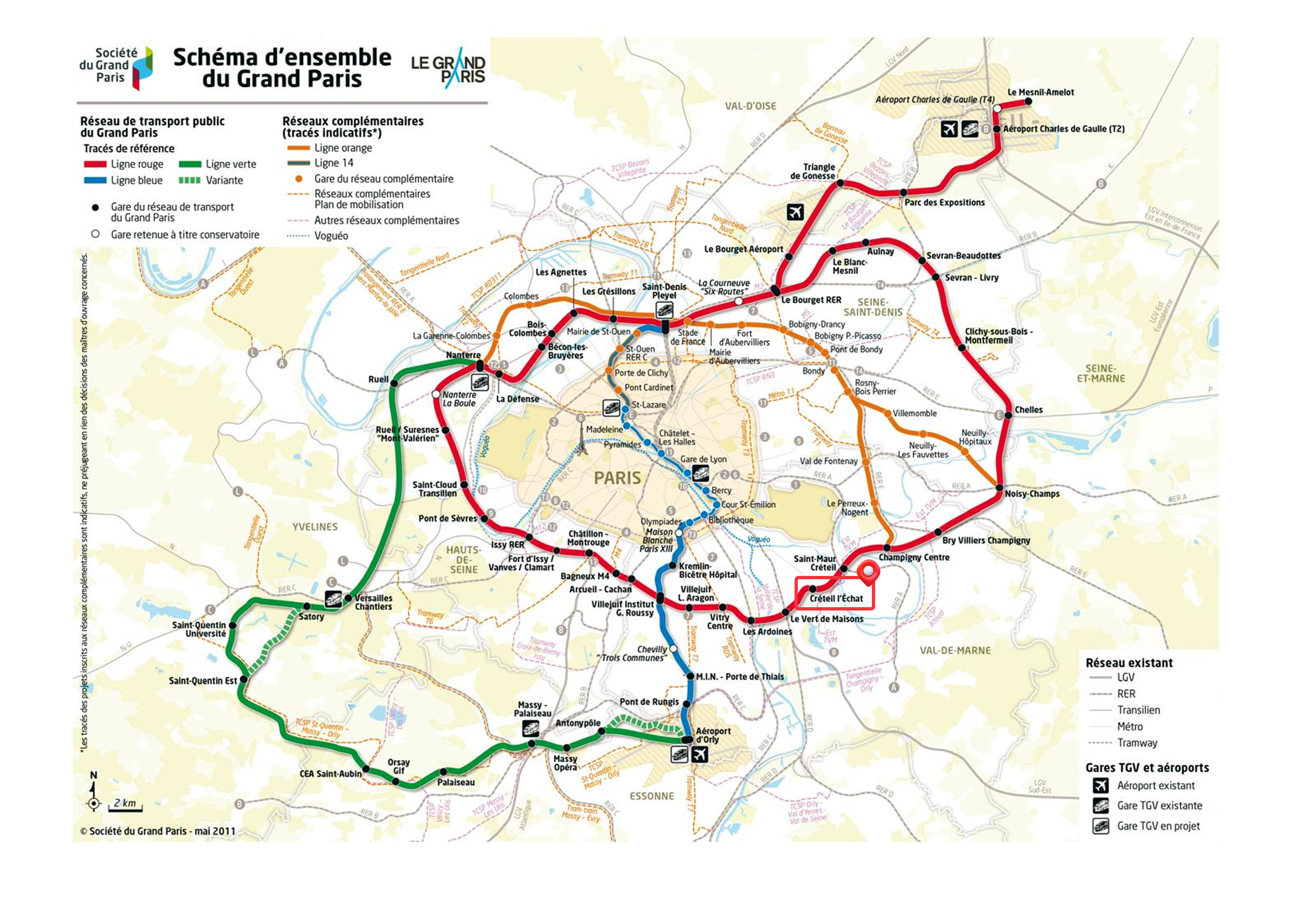 Carte du réseau de transport public du Grand Paris avec un point rouge sur Créteil l'Échat pour montrer le lieu de la formation