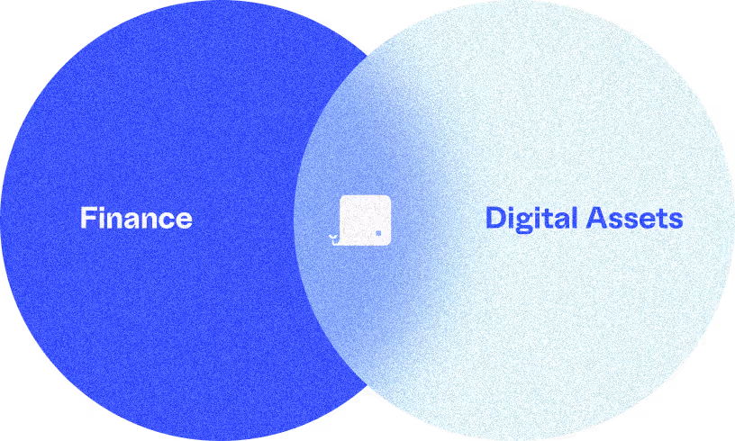 Venn diagram with two overlapping circles labeled Finance and Digital Assets, with a small wallet icon in the overlap.