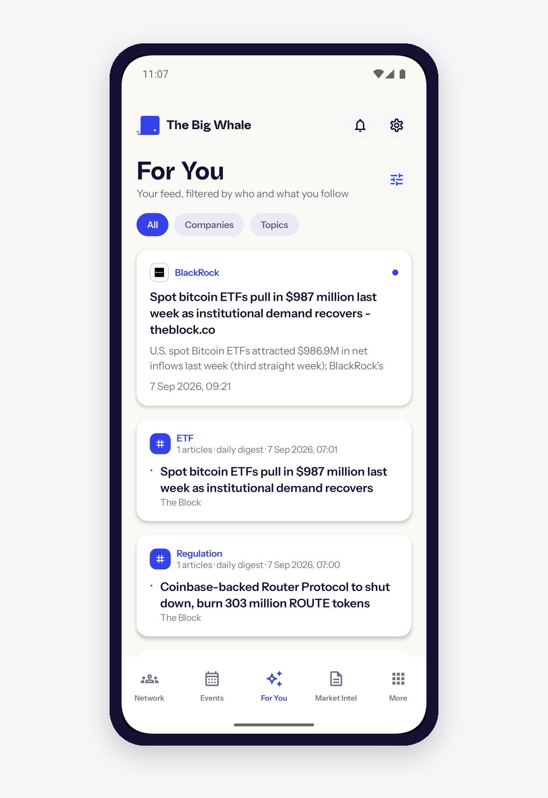 Flux « Pour vous » de l'application mobile The Big Whale