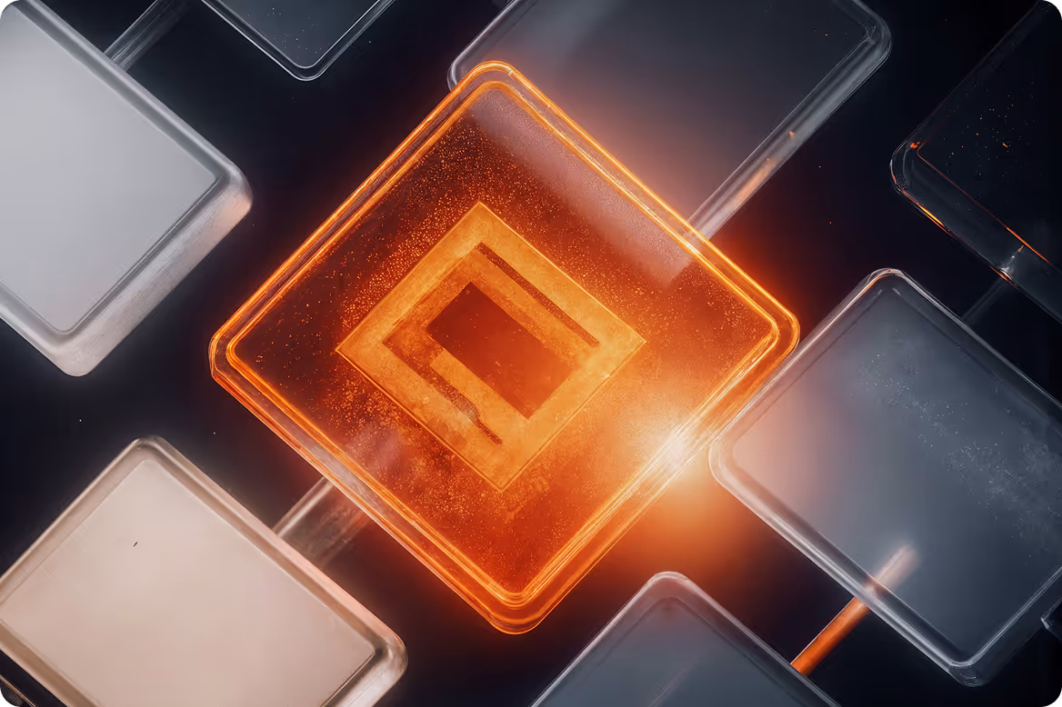 Glowing orange square with a nested square pattern surrounded by translucent gray squares on a dark background.