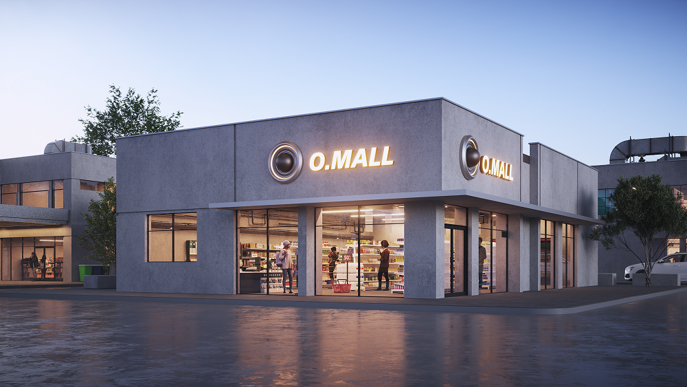 Modern corner store named O.MALL with large glass windows and customers inside at dusk.