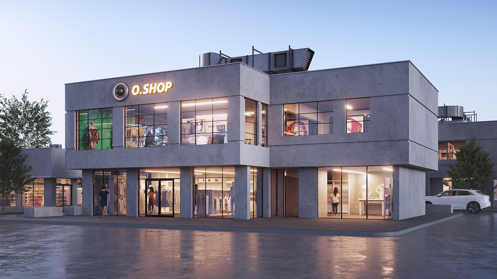 Modern two-story clothing store named O.SHOP with large glass windows and mannequins inside, lit warmly at dusk.
