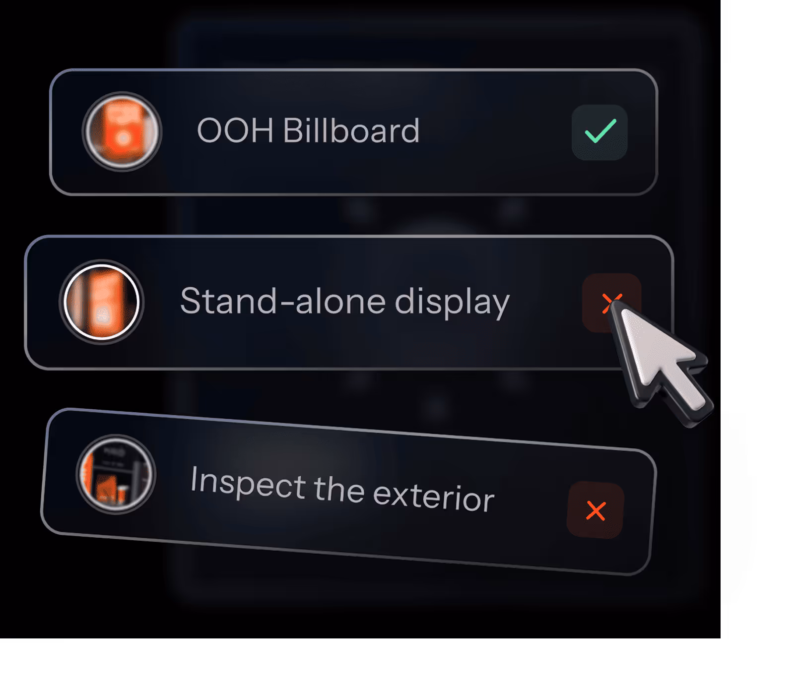 User interface with three options: 'OOH Billboard' checked with green checkmark, 'Stand-alone display' and 'Inspect the exterior' both unchecked with red X marks, cursor pointing at 'Stand-alone display' X.
