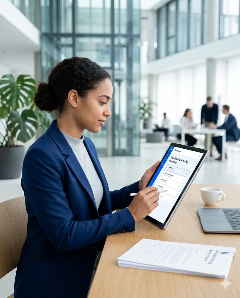 [background image] image of a work desk with a laptop and documents (for an ai legal tech company)
