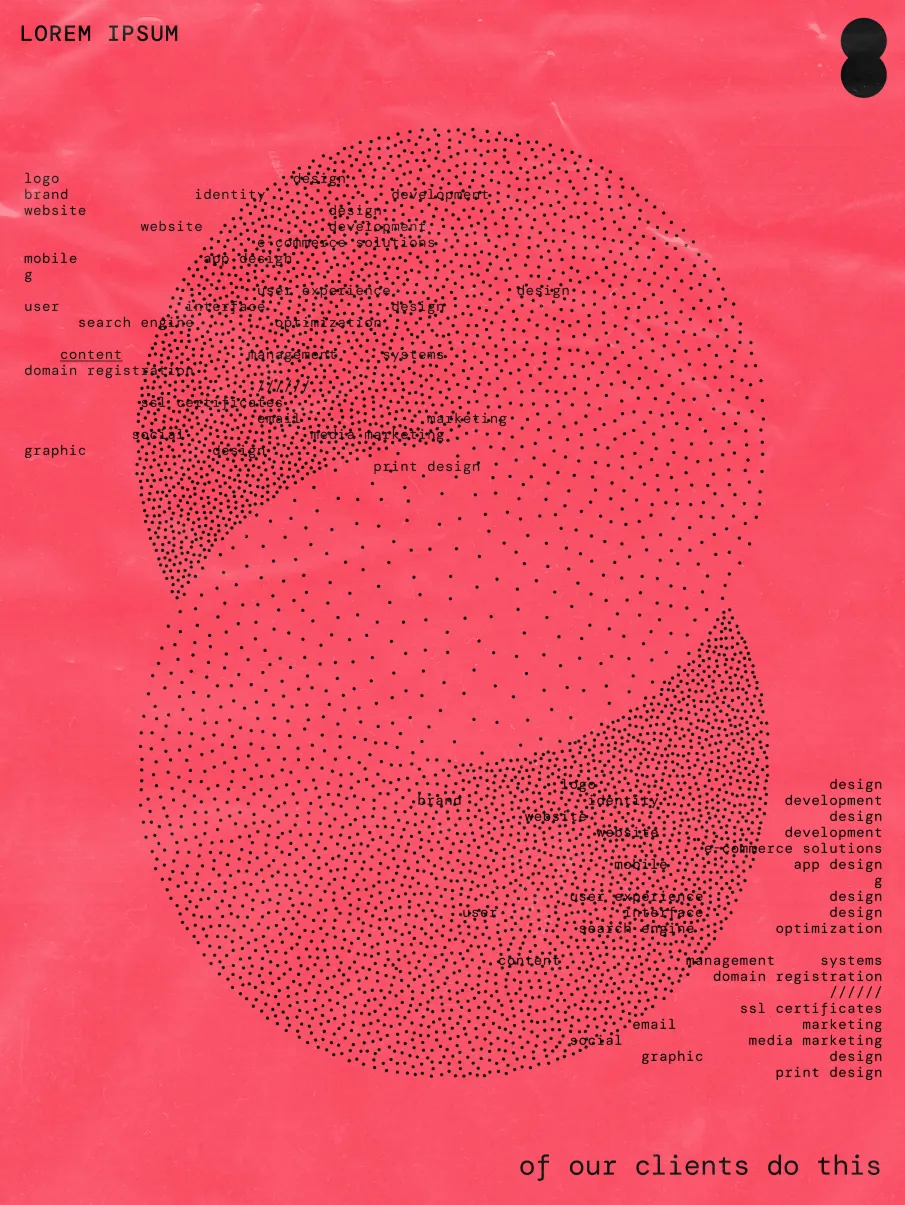 Red poster with two overlapping dotted circles filled with scattered black text related to design and marketing terms, titled 'LOREM IPSUM' with 'of our clients do this' at the bottom right.