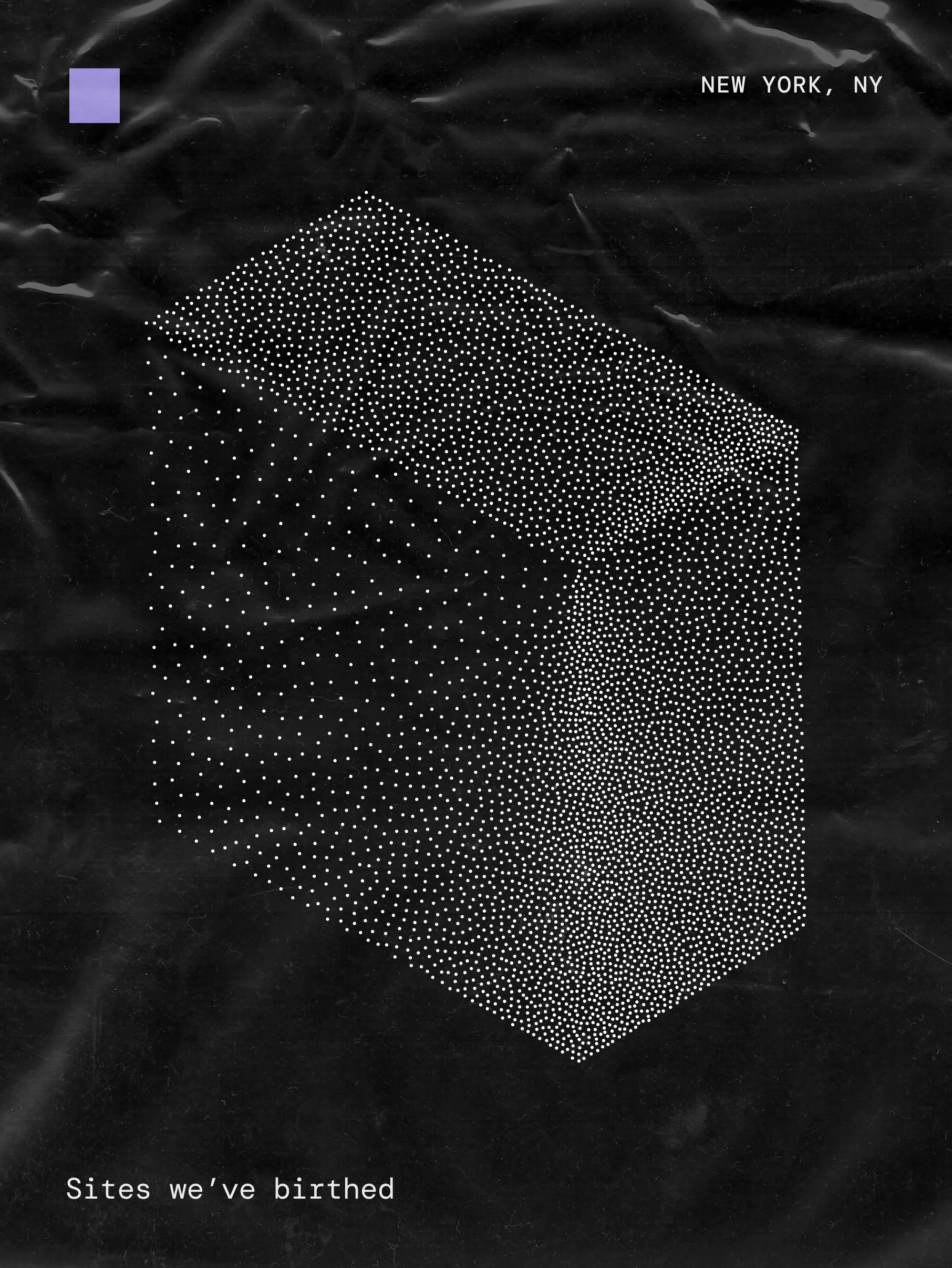 Black background with a three-dimensional cube formed from small white dots, labeled 'NEW YORK, NY' in the top right and 'Sites we've birthed' in the bottom left.