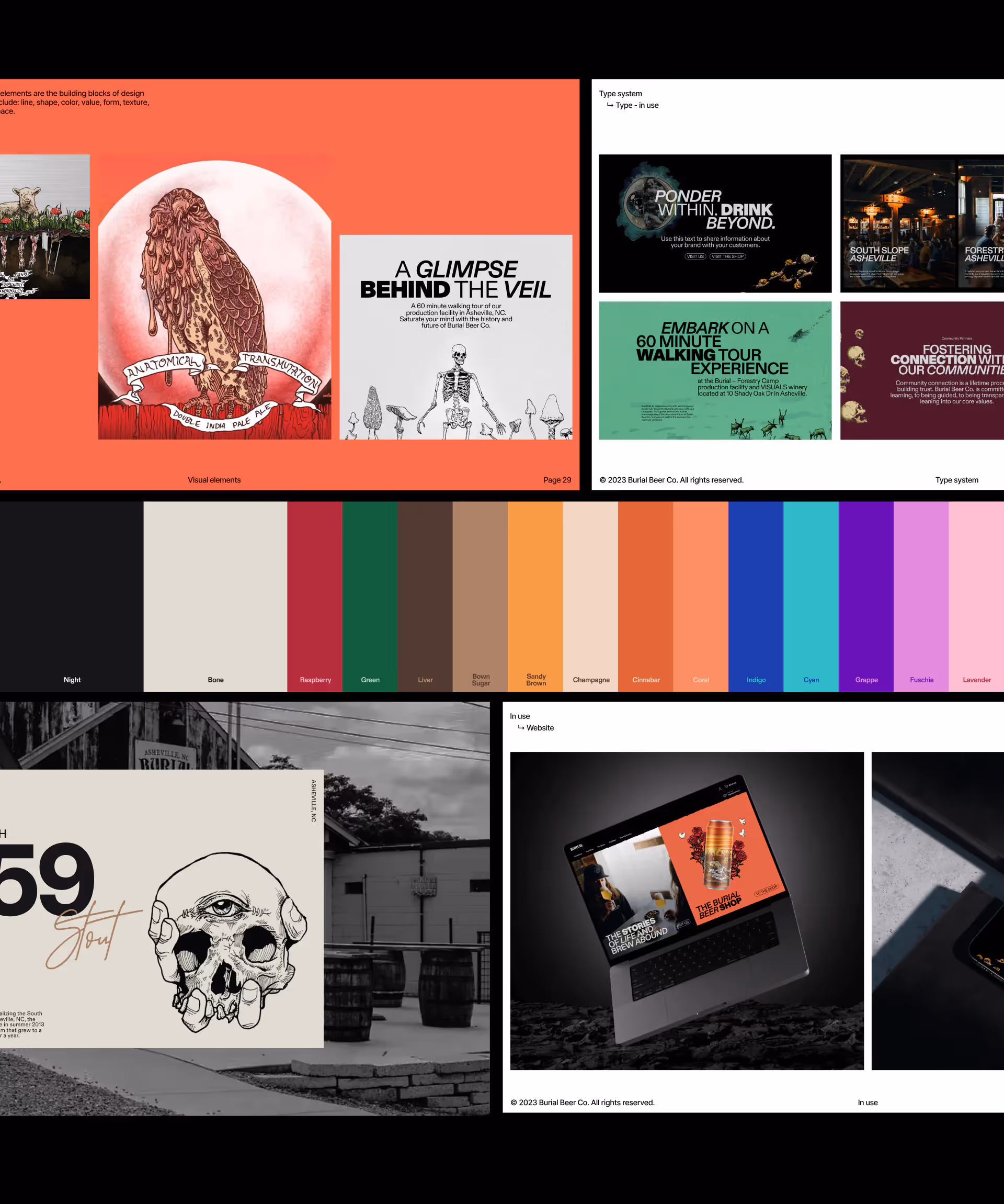 Screenshots from the Burial Beer brand book, howcasing use of imagery and color