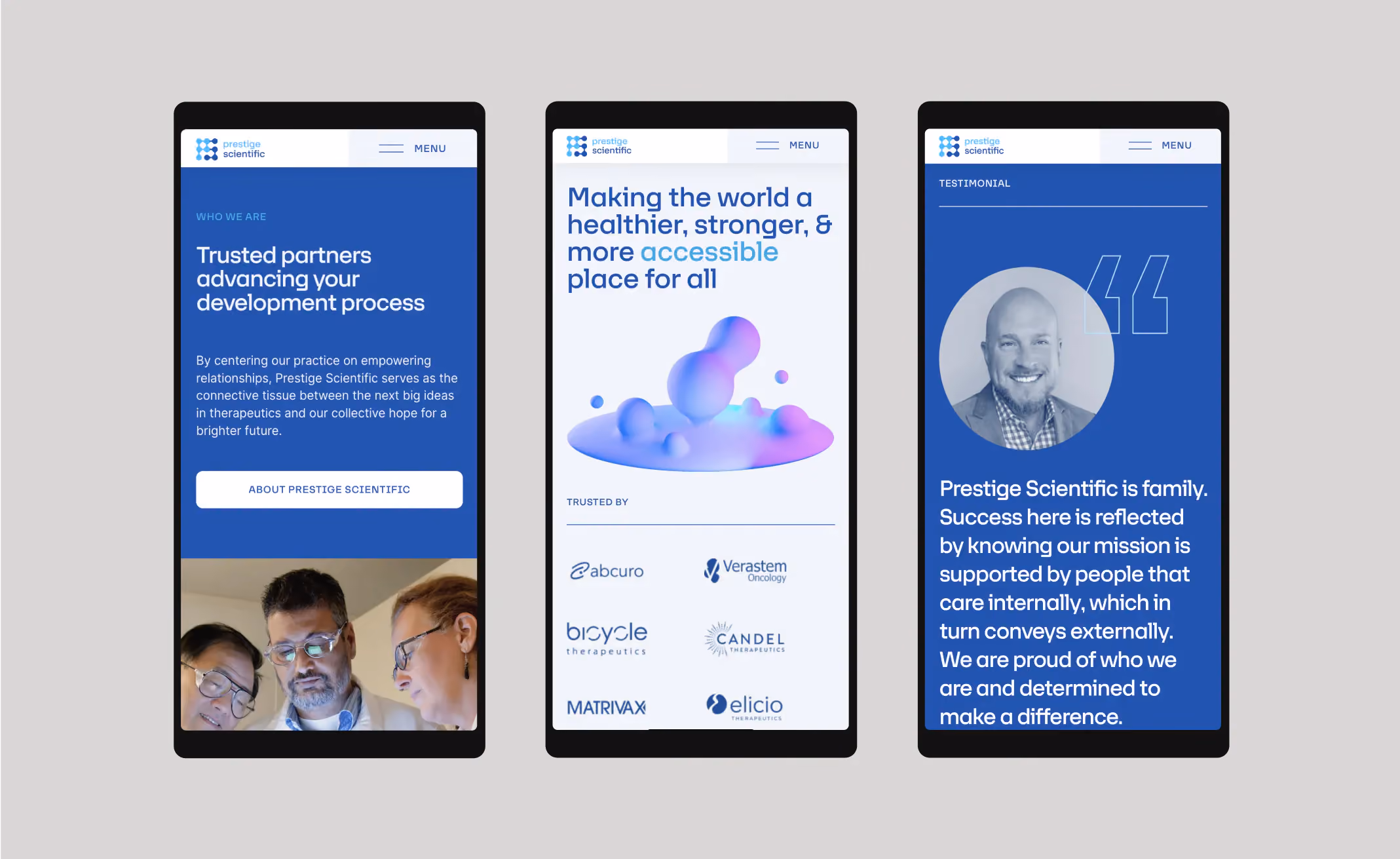 Prestige Scientific website design, screen 4 of 7