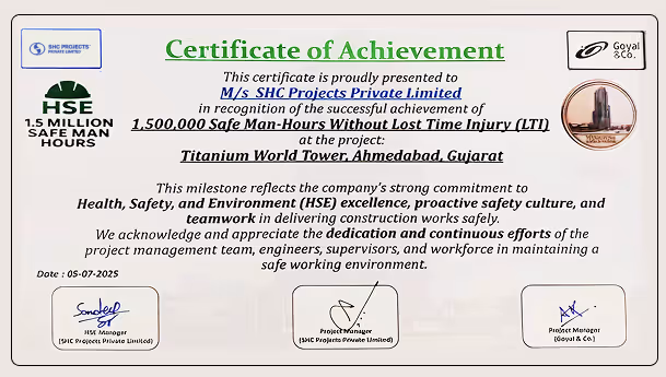 Certificate of Achievement awarded to M/s SHC Projects Private Limited for 1,500,000 safe man-hours without lost time injury at Titanium World Tower, Ahmedabad, Gujarat, with signatures of HSE Manager, Project Manager, and Project Manager (Goyal & Co).