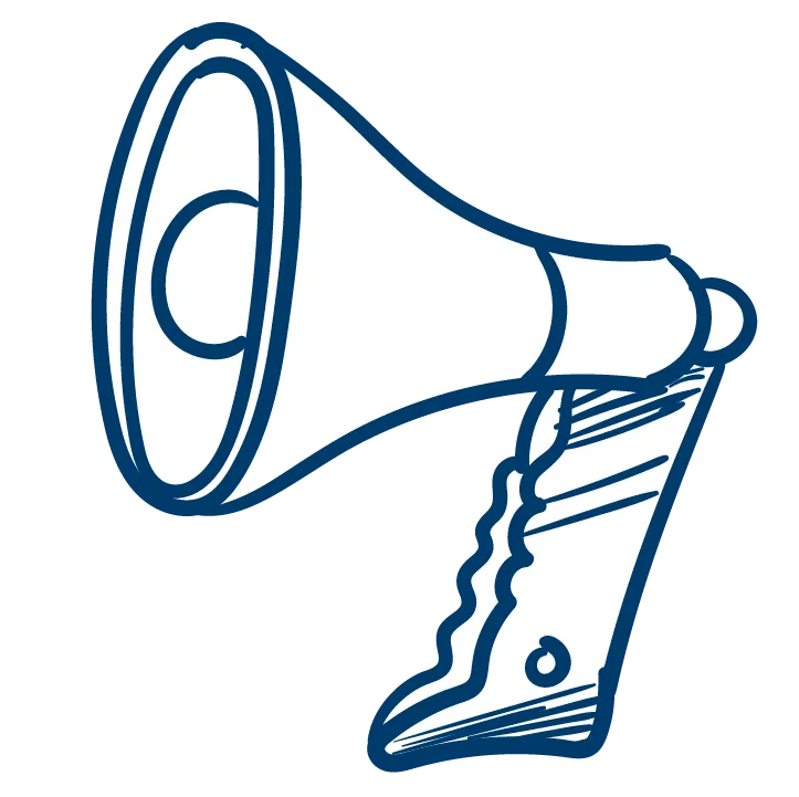 Icône de mégaphone stylisé en blanc et bleu.