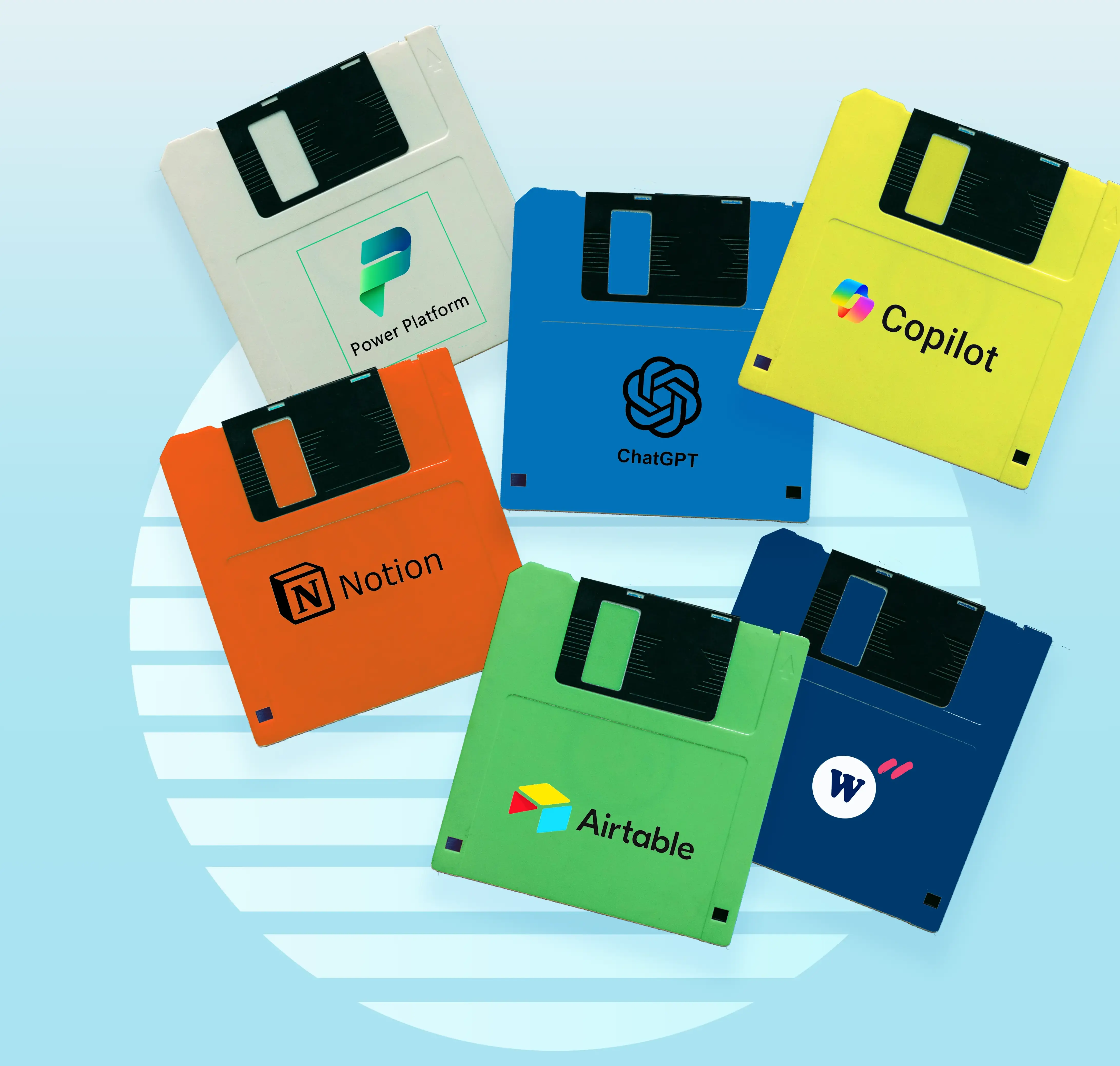 Six disquettes colorées avec les logos et noms des plateformes Power Platform, ChatGPT, Copilot, Notion, Airtable, et Webflow sur fond bleu clair.